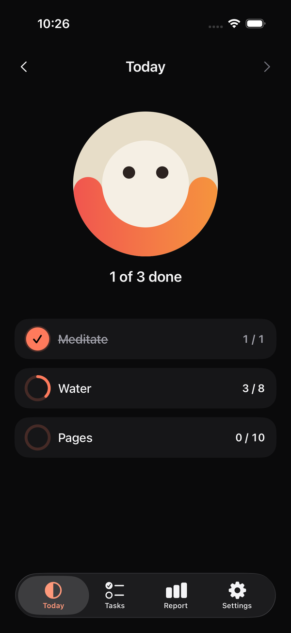 TapGoal's Today screen: a large progress ring with today's counters listed below it